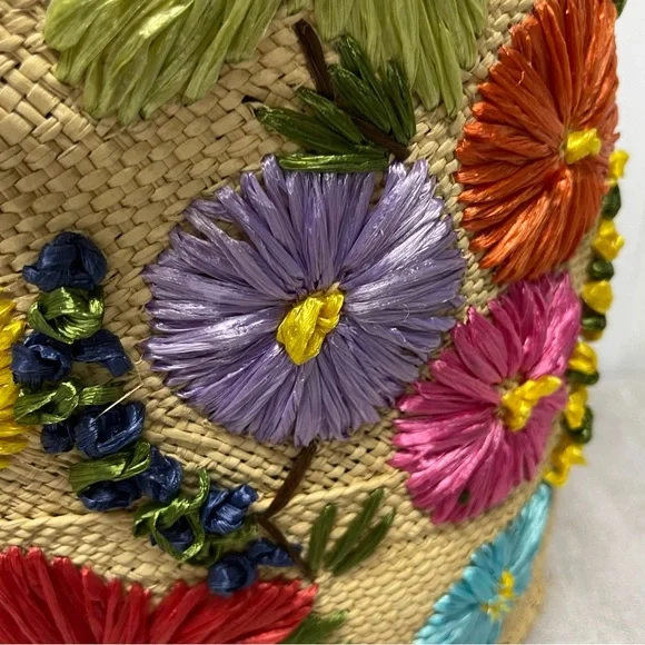 Vintage Embroidered Raffia Straw Tote 3D Floral Boho Market Bag Wooden Handles - Picture 4 of 12
